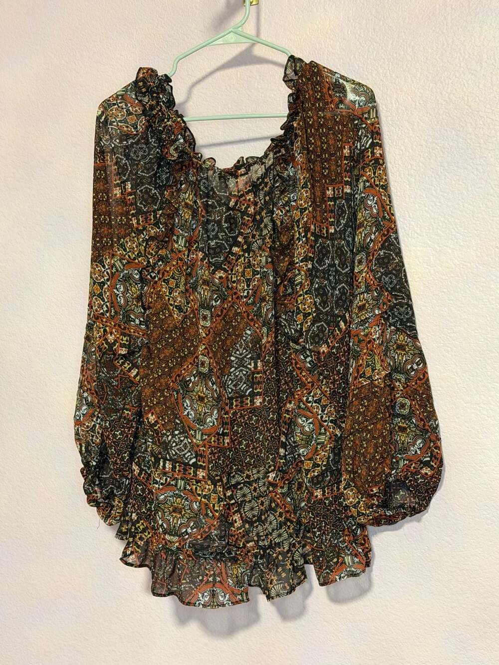 Miss Me Blouse MT1818L Size M Multi Black Paisley Peasant Top